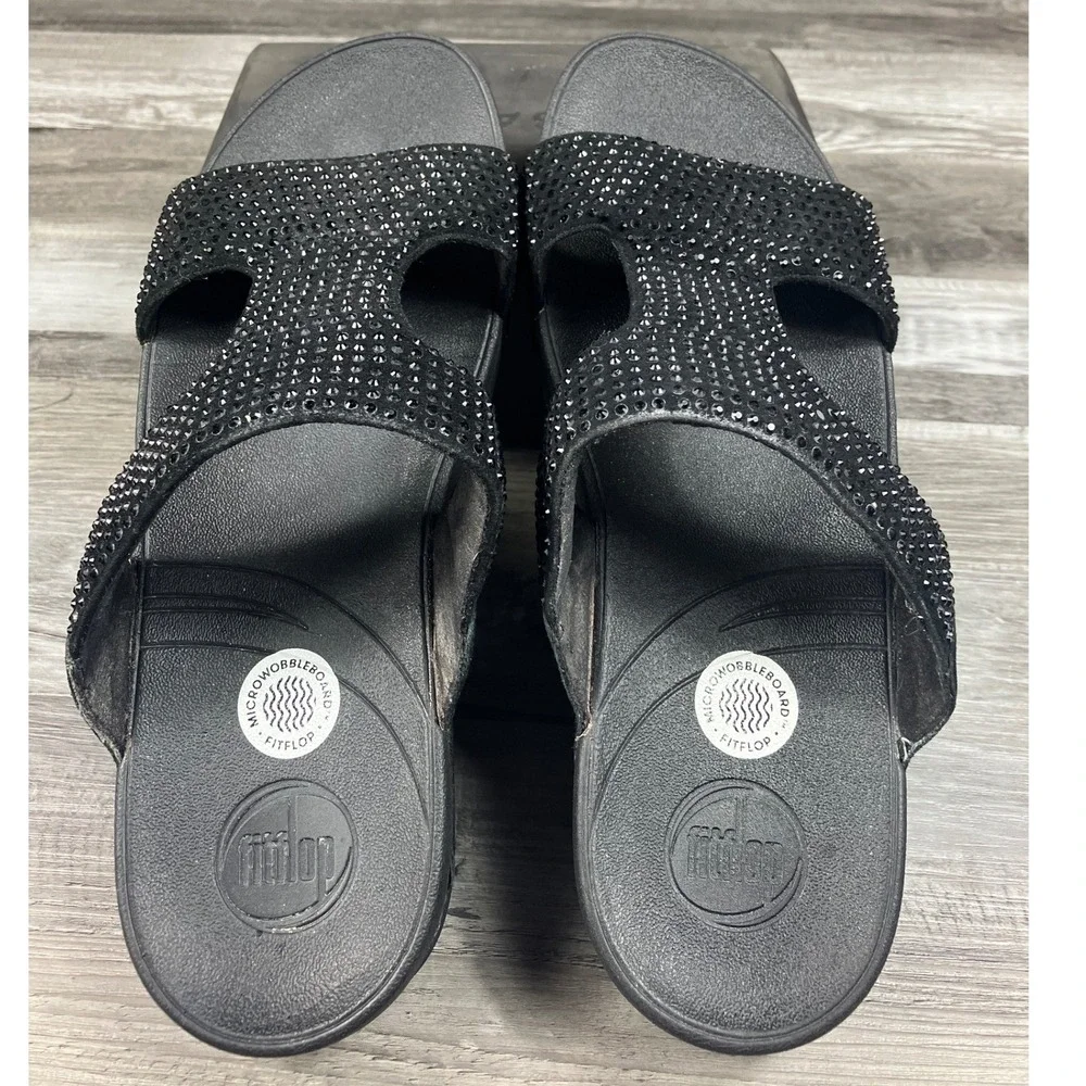 FitFlop Womens Microwobbleboard Black Crystal Slide Sandals 558-122 US 11 EU 43